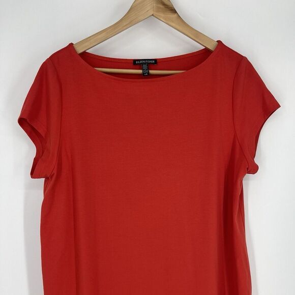Eileen Fisher Tunic Top Size Large Red Cap Sleeve Minimalist Jersey Bateau Neck - Picture 2 of 7